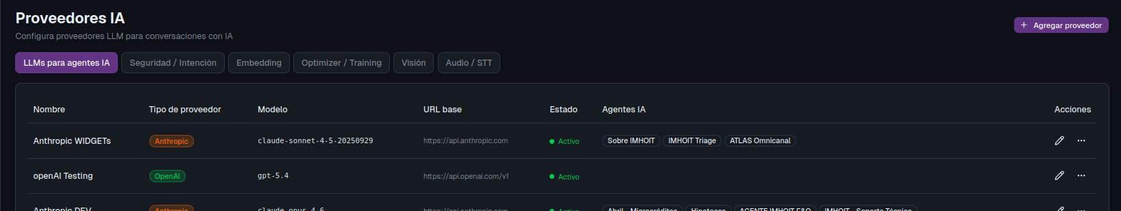 Tabla de proveedores LLM en ATLAS: OpenAI, Anthropic, Gemini, xAI, Copilot, Perplexity, Ollama, Custom