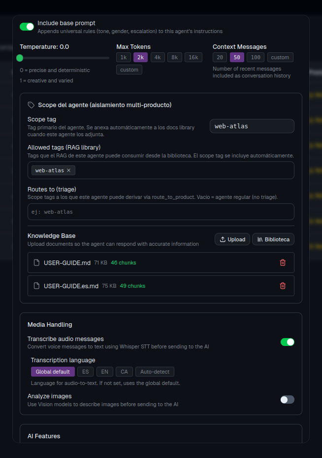 AI Agent in ATLAS: advanced configuration detail (temperature, scope, RAG, transcription and vision)