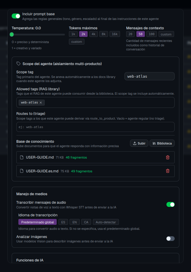 Agente IA en ATLAS: detalle de configuración avanzada (temperatura, scope, RAG, transcripción y visión)