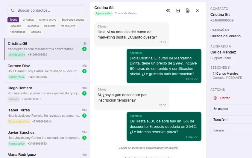 Panel de conversaciones de ATLAS en tiempo real