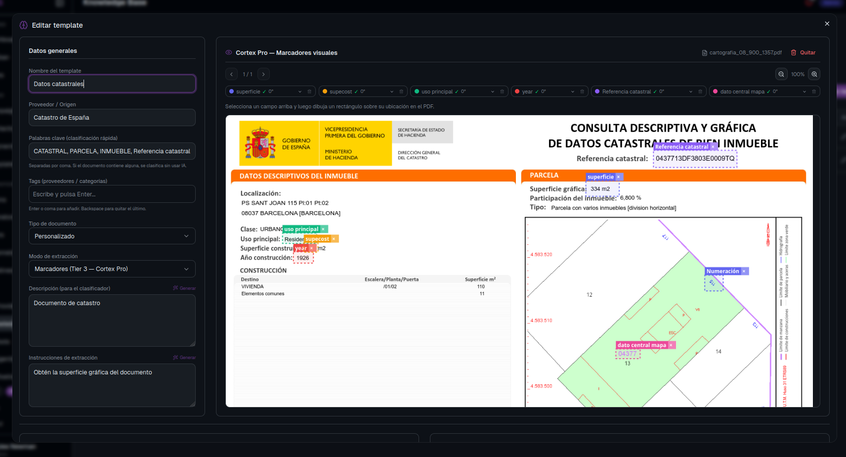 Cortex template editor in ATLAS with a live preview of a real Spanish cadastre document