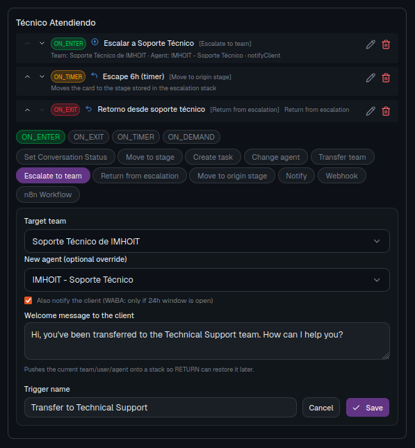 Trigger configuration for Transfer to Technical Support: assigns the team and swaps the AI agent