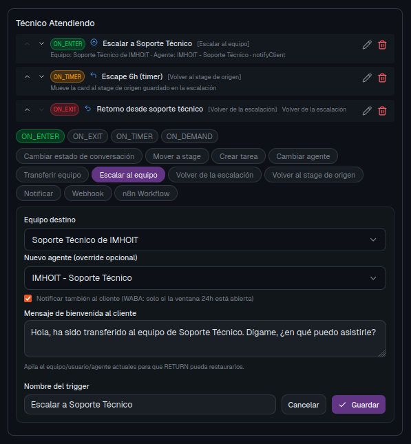 Configuración del trigger Escalar a Soporte Técnico: se asigna el equipo y se cambia el agente IA