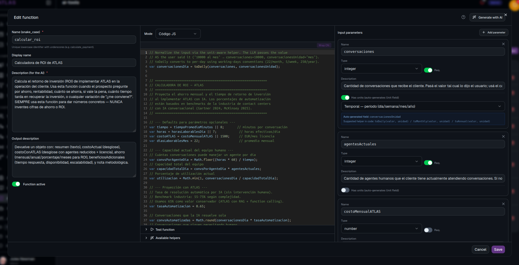 JavaScript function editor for a function the AI calls itself — calculator.js