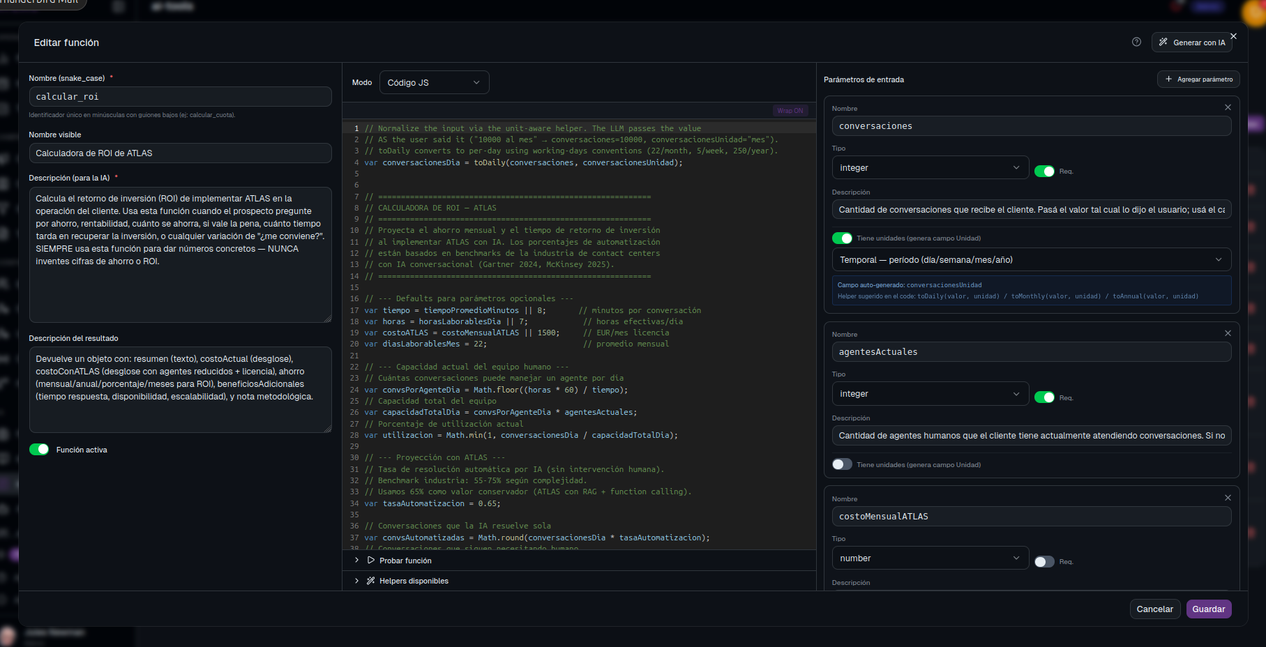 Editor de función JavaScript que la IA llama sola — calculator.es