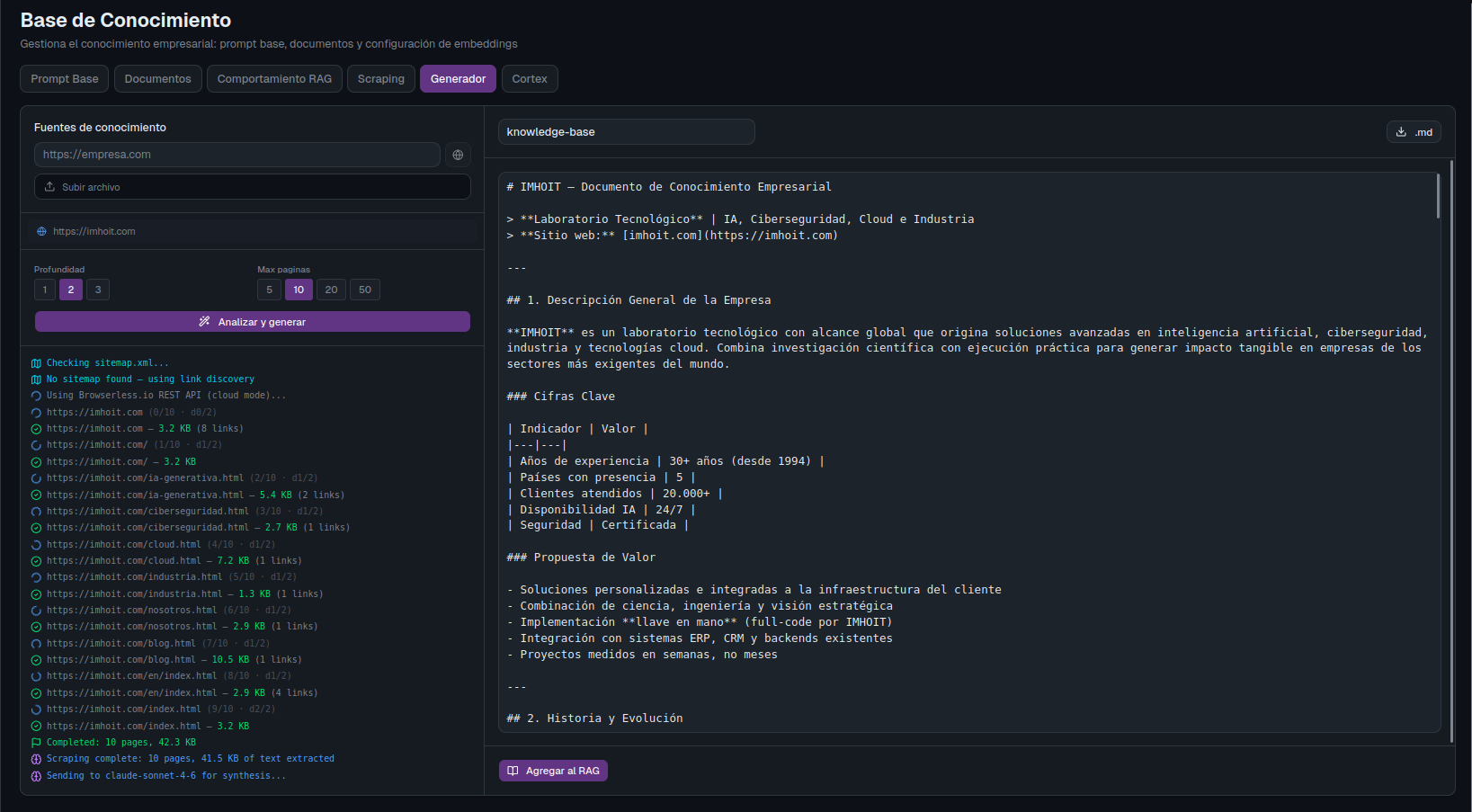 Base de conocimiento de ATLAS con sources y preview de respuesta generada por la IA