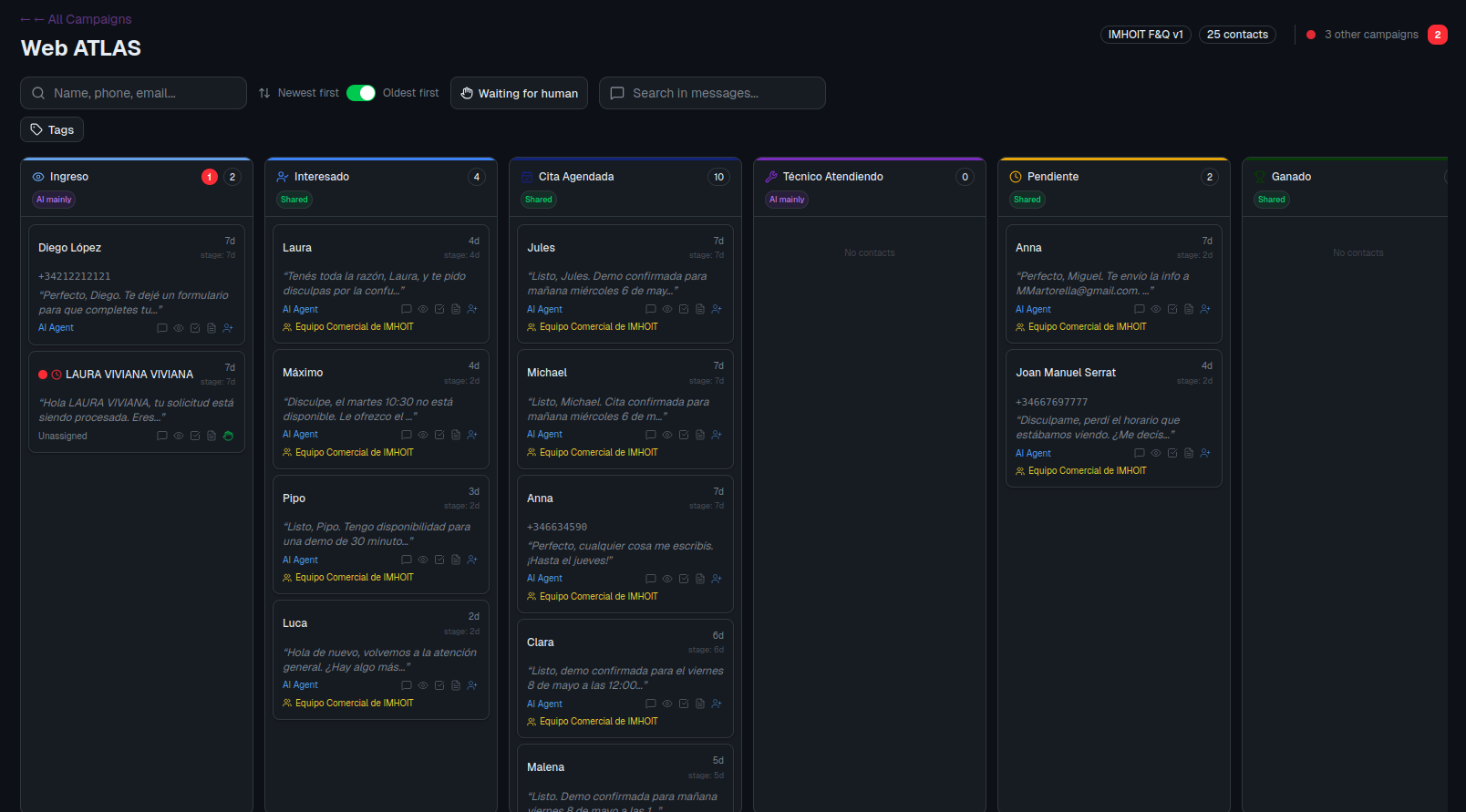ATLAS Kanban board with draggable stages and contact cards