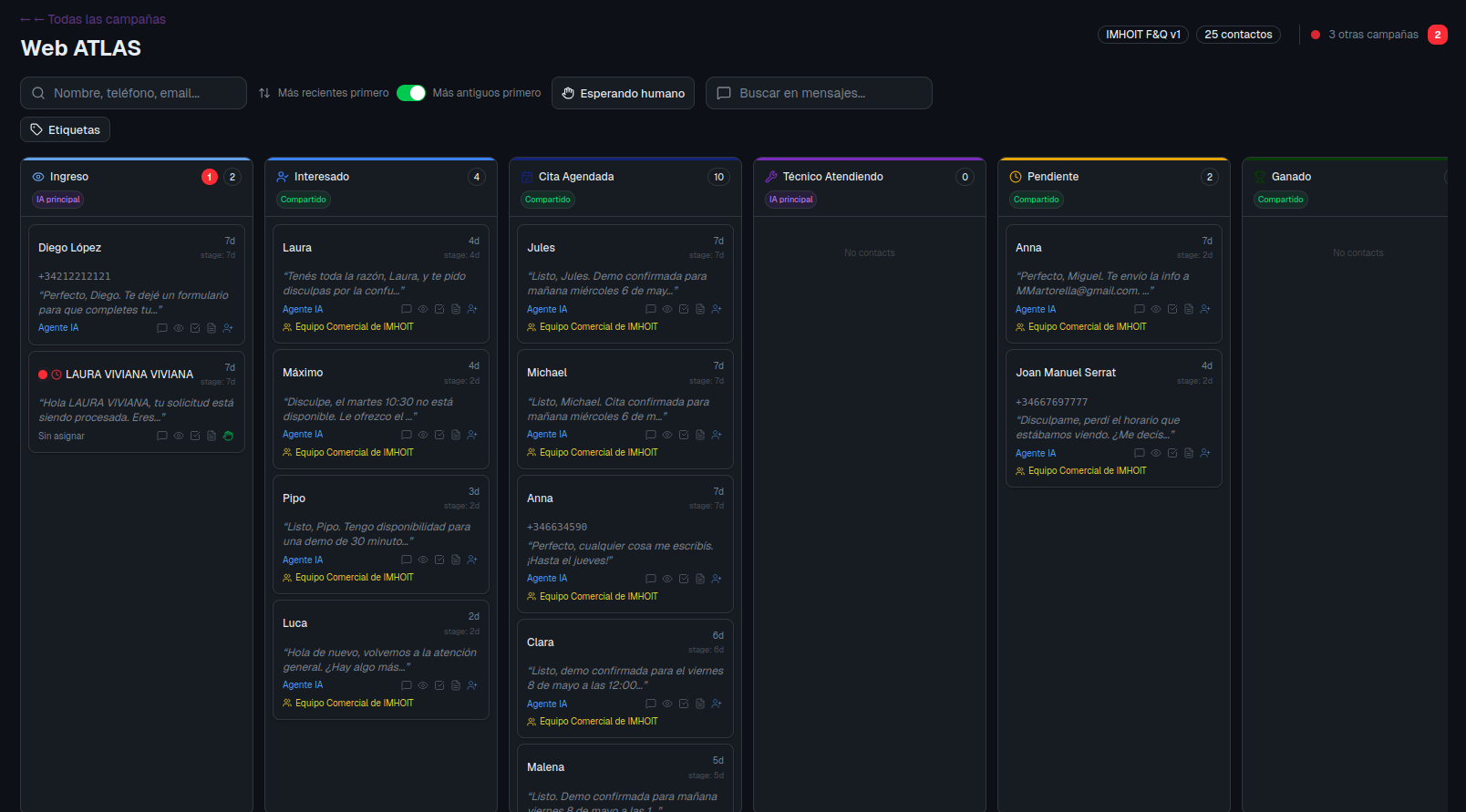 Tablero Kanban de ATLAS con etapas arrastrables y tarjetas de contacto