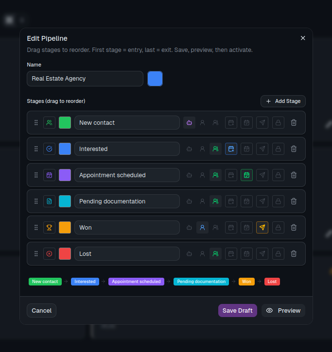 Pipeline edit modal: draggable stages and configuration