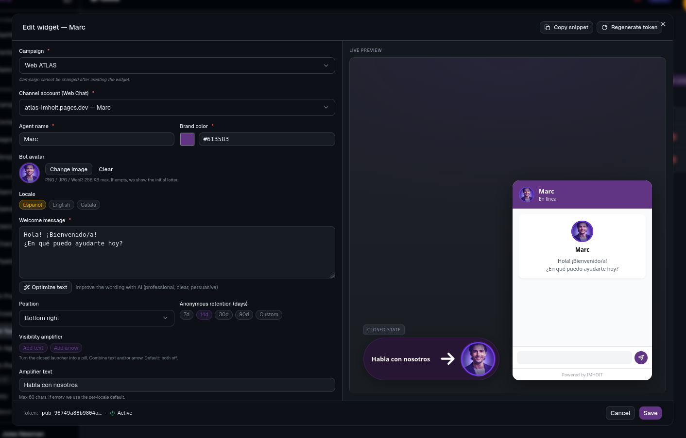ATLAS Web Chat widget configuration modal with live preview