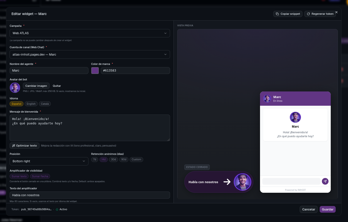 Modal de configuración del widget de Web Chat de ATLAS con vista previa en vivo
